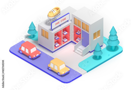 Isometric icon of large shoe store isolated on white background with surroundings