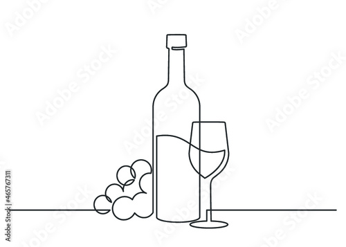 Continuous one line drawing of wine bottle with wineglass and grape bunch. Vector illustration.