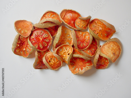 Group of Bael Dried Fruit on white background