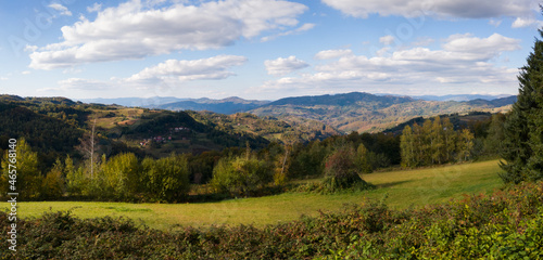 Panoramic mountain landscape of Serbia seen from the hill Kadinjača between Užice and Bajina Bašta photo