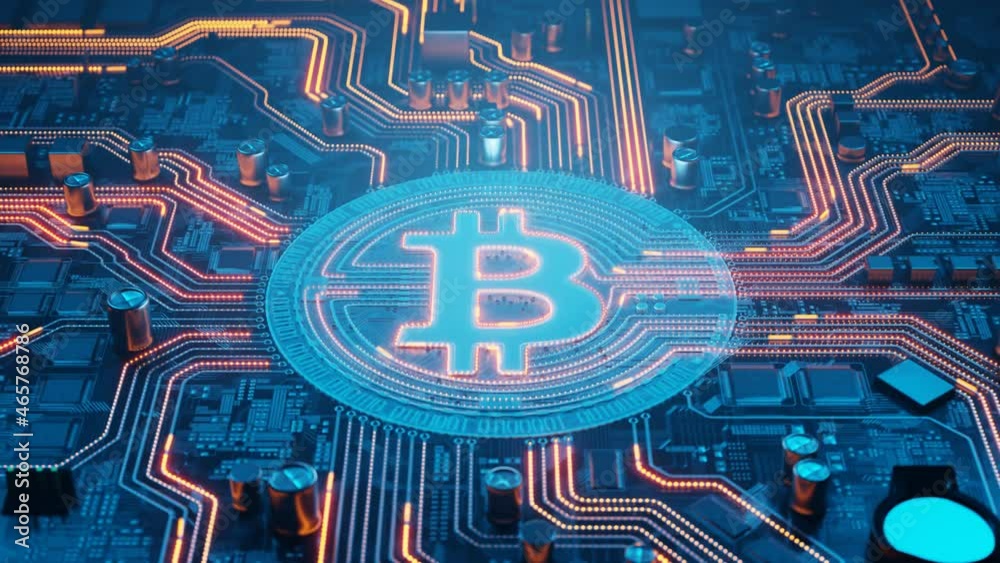 Bitcoin mining. Bitcoin symbol on a motherboard. Virtual cryptocurrency concept