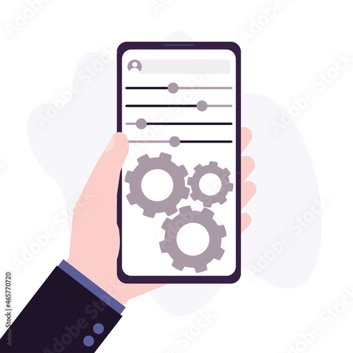 Hand holds mobile phone. Smartphone or app settings on the screen. Control levers and gears. Toggles in various positions. Configuring settings for best phone performance.