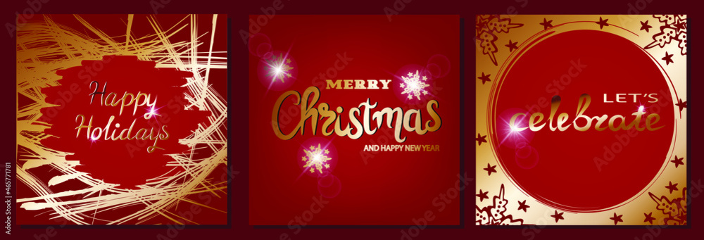 Naklejka premium Set of christmas greeting card with hand lettering. Merry Christmas holiday invitations templates. Vector illustration.