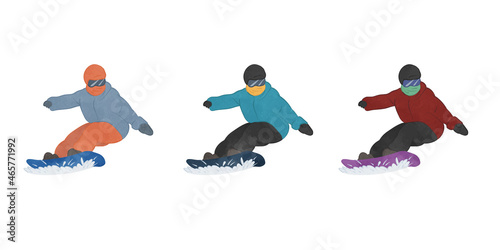 Illustration set of people skiing on a snowboard