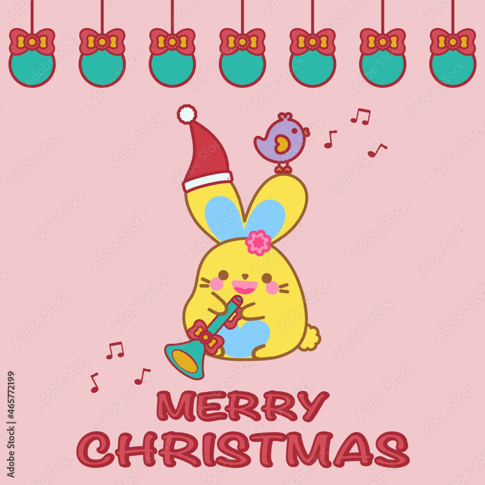 Obraz premium Merry Christmas greeting card. Sweet background. Christmas ball, bow, lovely bird, decoration. Happy cute bunny, red Santa Claus, blast horn, kawaii rabbit animal cartoon smile doodle vector design.
