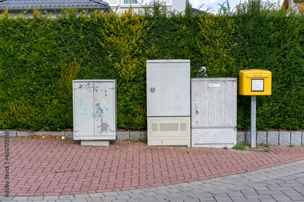 Outdoor Electric Power Control Panels and mailbox on the street Outdoor Electric Power Control Panels and mailbox on the street