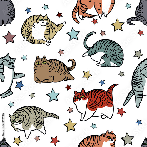 Cute seamless pattern of cats. Body positive for people and animals. Favorite pet. Striped grey and red cats