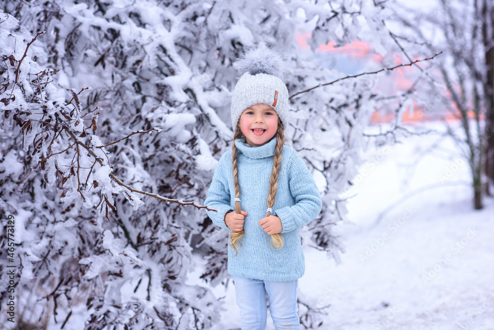 beautiful caucasian little girl in a blue sweater and a hat stands near a snow-covered Christmas tree in the forest and holds pigtails beautiful caucasian little girl in a blue sweater and a hat stands near a snow-covered Christmas tree in the forest and holds pigtails