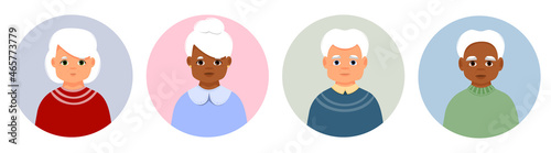 Set of portraits of elderly people. Avatar of female and male person. Vector icon of senior adult in flat style.