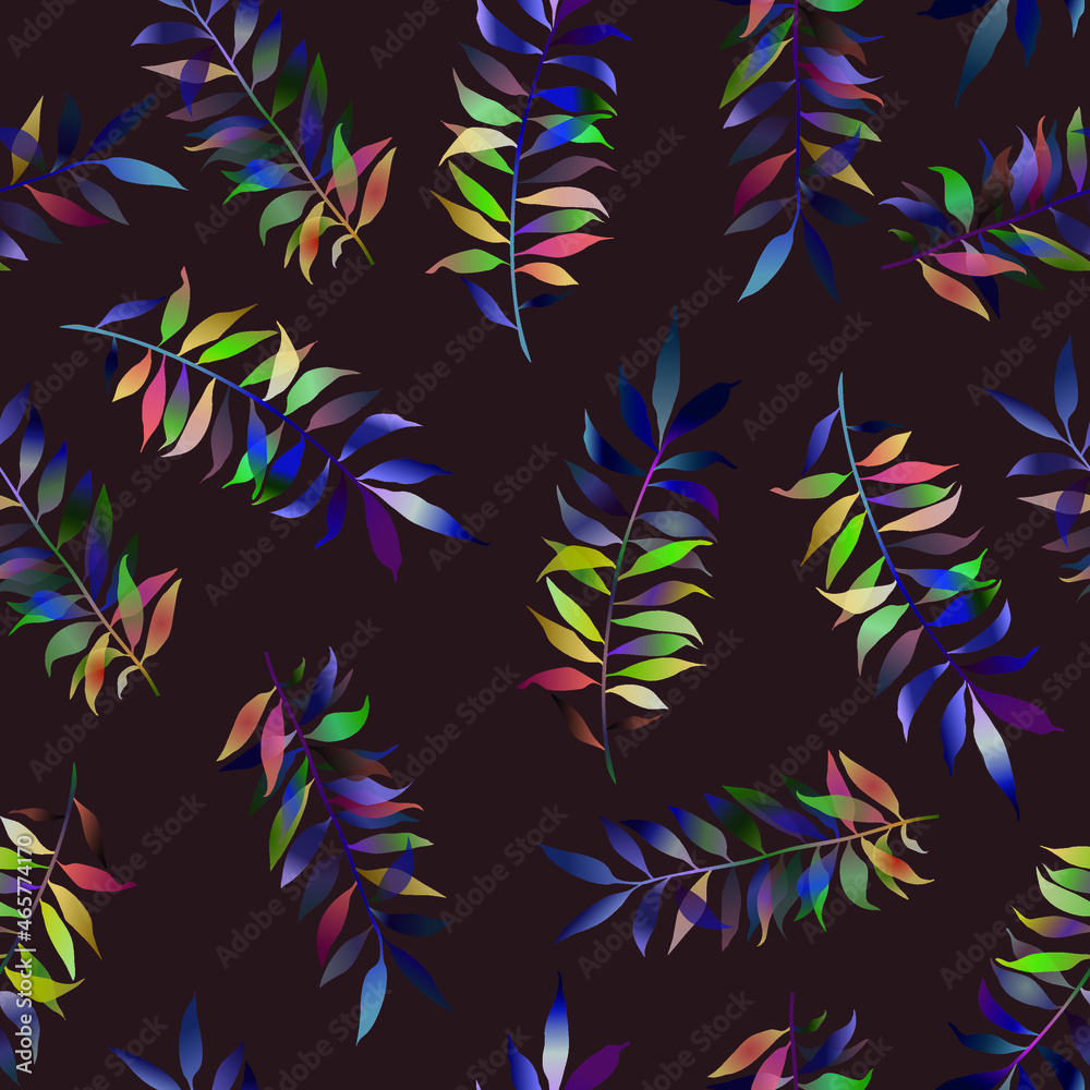 Bright plant botanical seamless pattern. colorful transparent leaves on a dark background. Pattern for decoration and design of fabric, paper, packaging, napkins.