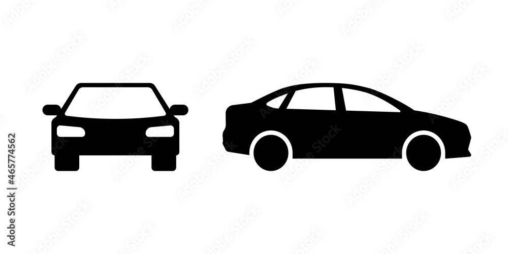Car black silhouette front and side view icon set. Vector isolated automobile eps symbol