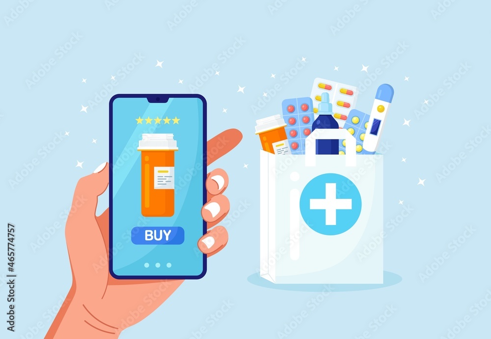 Human hand holding mobile phone for medicine online payment. Home delivery pharmacy service. Paper bag with pills bottle, medicines, drugs, thermometer inside. Medical assistance, health care concept.