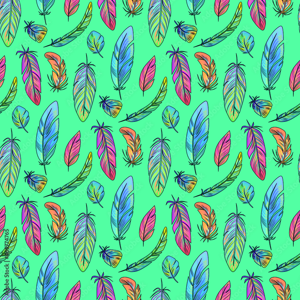 A seamless pattern of flying colorful bright feathers. Plumage of exotic birds of paradise. The set of elements is drawn manually A seamless pattern of flying colorful bright feathers. Plumage of exotic birds of paradise. The set of elements is drawn manually