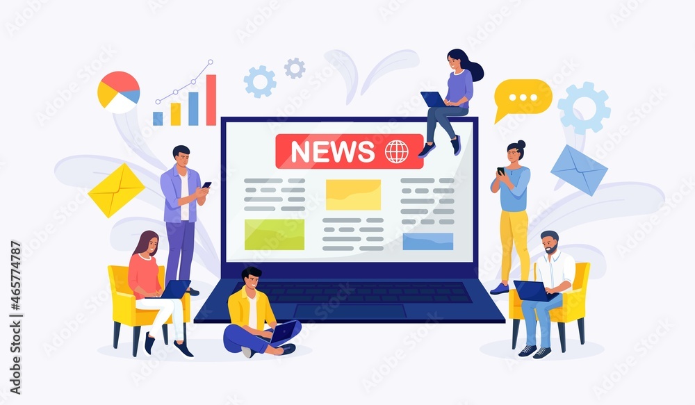 Online news content, electronic newspaper. Tiny people reading breaking news on big laptop screen. Information about activities, events, company announcements and information. Social media, news tips.