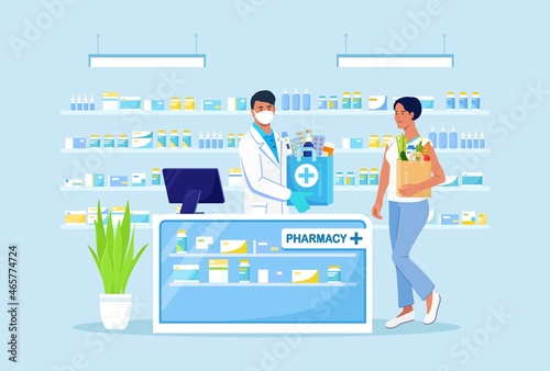 Doctor Pharmacist Consulting Patient in Pharmacy Store. Man in Drugstore with Paper Bag with Medicines, Drugs, Pills and Bottles inside. Pharmaceutical Industry. Customer Standing near Cashier Desk.