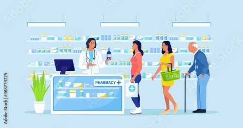 Doctor pharmacist consulting patient in pharmacy store. Customers standing in queue, shelves with medicines on background. People buying medication in pharmacy. Pharmaceutical Industry. Vector design