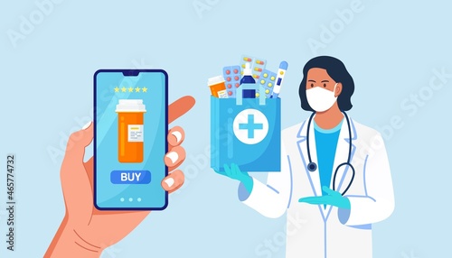 Pharmacist in disposable gloves with paper bag with medicines, drugs and pill bottles inside. Online Home delivery pharmacy service on phone screen. Doctor in white coat, facial mask with stethoscope.