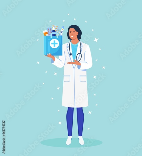 Pharmacist holds paper bag with medicines, drugs and pill bottles inside in hands. Online Home delivery pharmacy service. Doctor in white coat with stethoscope. Vector design