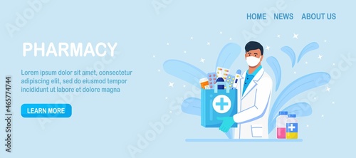 Pharmacy concept. Pharmacist standing and holding shopping bag with medication, pills bottle, prescription drugs, antibiotic for disease treatment. Medical treatment. Vector design