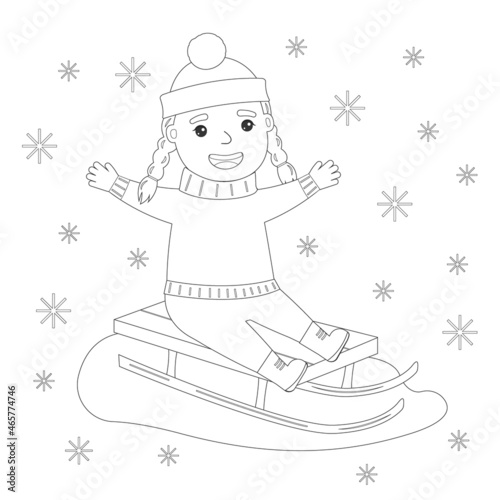 A girl rides a sleigh in winter. Coloring book for kids. Vector illustration.