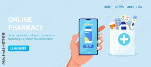 Human hand holding mobile phone for medicine online payment. Home delivery pharmacy service. Paper bag with pills bottle, medicines, drugs, thermometer inside. Medical assistance, health care concept.
