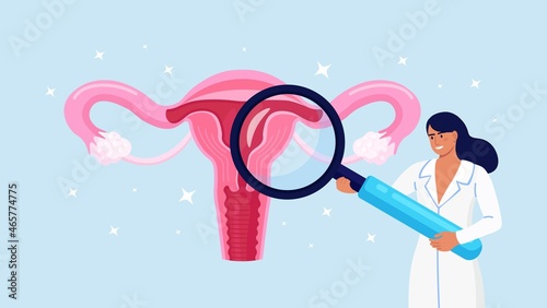 Doctors Gynecologist make uterus examination by magnifying glass. Gynecology, female healthy reproductive system. Diagnose Inflamed Womb, Uterus, Ovaries, Fallopian Tube. Medical treatment. Vector 