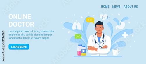 Online doctor. Ask therapist. Online medical advice or consultation service, tele medicine, cardiology. Healthcare application for website. Physician conducts diagnostics over the Internet. Vector 