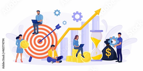 Financial Forecast. Tiny Economics Persons, Freelancer, Employee or Manager Making Investing Plans. Money Growth Prediction and Progress Report.  Return on Investment. Income Growth, Profit Earnings. 