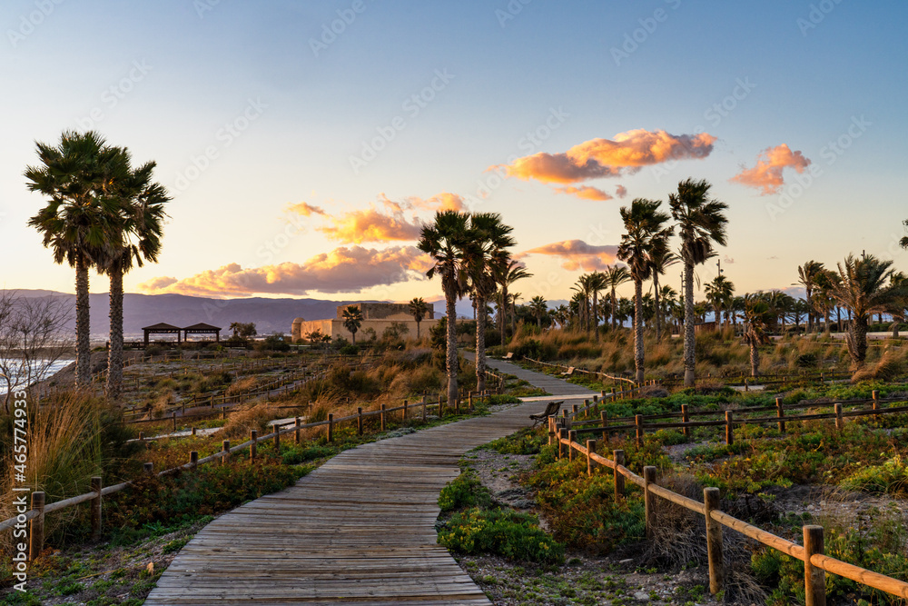 Pedestrian walkway in Retamar park, El Toyo. Almeria. Andalusia, Spain