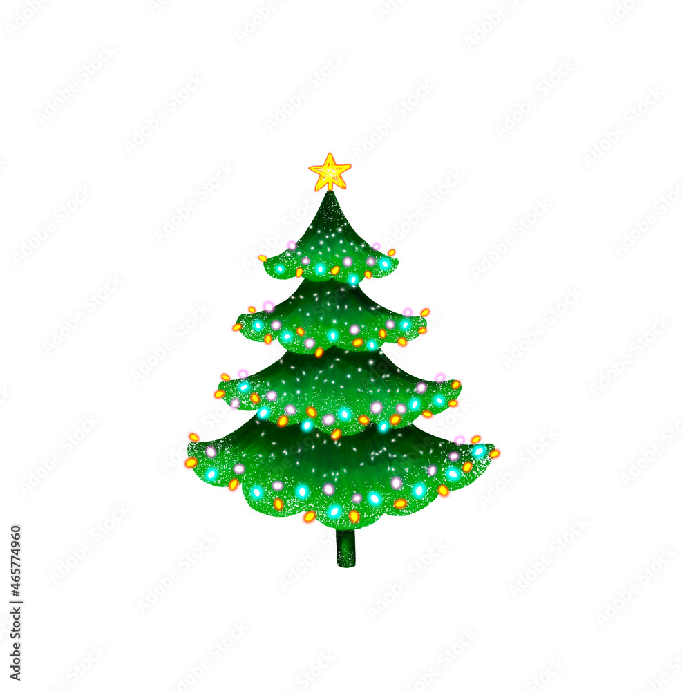 Green Christmas tree with lights and illumination isolated on a white background. Cartoon Digital illustration. Green Christmas tree with lights and illumination isolated on a white background. Cartoon Digital illustration.