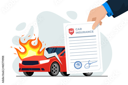 Car in road accident, break down, burn and insurance agent hand hold policy. Contract for guarantee of repairs or compensation for damage in auto crash. Law legal preparedness protect transport risks