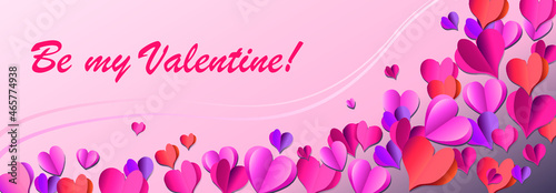 Vector banner for Valentine's Day. Congratulations on the avalanche of hearts. Red hearts on a pink background. Romantic Valentine card
