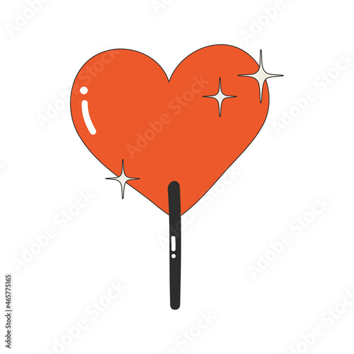 The icon of a lollipop on a stick in the form of a heart. Nostalgia for the 2000 years. Y2k style. Simple flat linear vector illustration of a heart isolated on a white background.