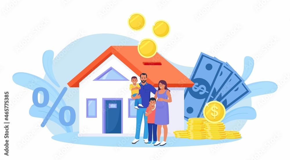 Family buying real estate with mortgage and paying credit to bank. People save money and buy house in debt, invest money in property. House loan, rent. Home is like a piggy bank. Vector design Family buying real estate with mortgage and paying credit to bank. People save money and buy house in debt, invest money in property. House loan, rent. Home is like a piggy bank. Vector design
