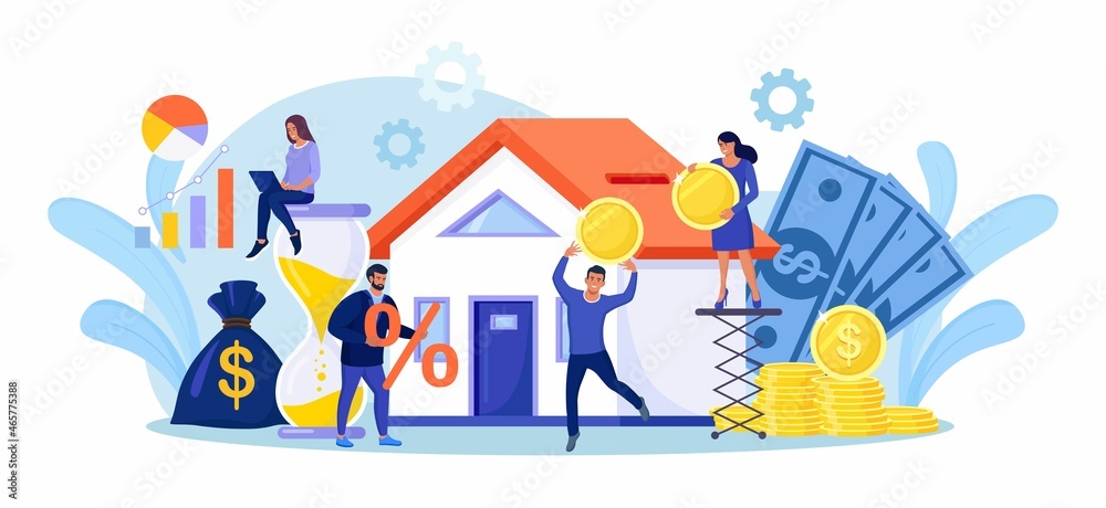 Tiny people buying house in debt. People investing money in property. Mortgage loan, ownership and savings. Home is like a piggy bank. Real estate investment, house purchase. Vector design