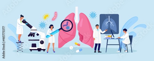 Pulmonology concept. Group of Doctors Check Up Lungs Affected by Coronavirus. Doctor Exam Respiratory System, Treat Lung Disease. Fibrosis, Tuberculosis, Pneumonia, Cancer. Vector design photo