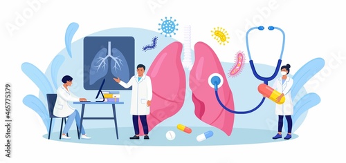 Pulmonology concept. Group of Doctors Check Up Lungs Affected by Coronavirus. Doctor Exam Respiratory System, Treat Lung Disease. Fibrosis, Tuberculosis, Pneumonia, Cancer. Vector design