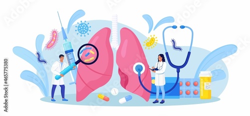 Pulmonology. Tiny doctors examining lungs. Tuberculosis, pneumonia, lung cancer treatment or diagnostic. Internal organ inspection for respiratory system illness, disease or problems. Vector design