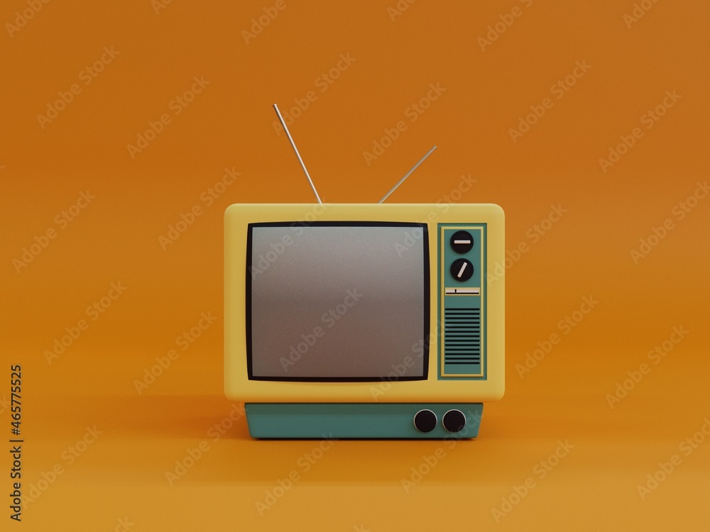 Vintage yellow television with antenna and orange background in 3d design
