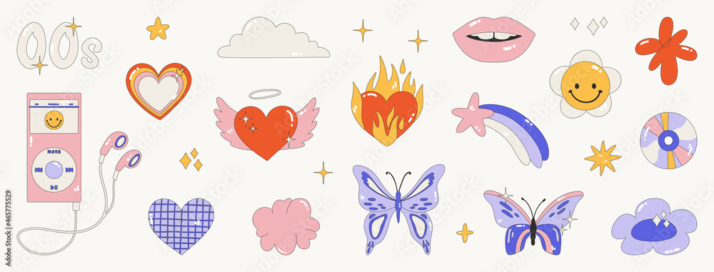 Collection on the theme of the 00s. Set of icons - hearts, butterflies ...