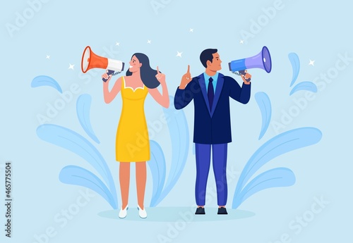 Business people holding megaphone and shouting through it. Announcement of good news. Attention please. Speaker with loudspeaker, bullhorn. Advertising and promotion. Social media marketing. Vector