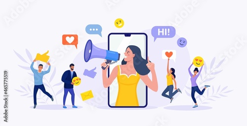 Beautiful woman shouting in megaphone and young people, followers surrounding her with social media icons. Influencer or blogger on phone screen. Internet marketing, social network promotion, SMM.