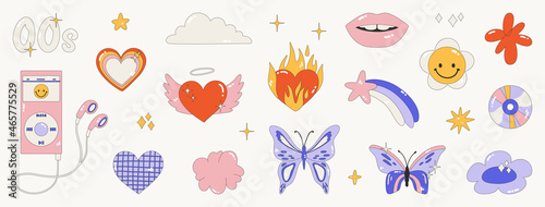 Collection on the theme of the 00s. Set of icons - hearts, butterflies, flame, badges and stickers. Glamorous vector illustration Y2k. Nostalgia for the 2000 years. Vector isolated illustrations. photo