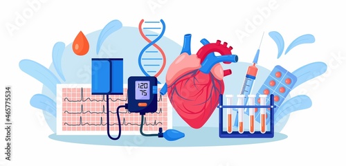Human heart with sphygmomanometer, ECG cardiogram, blood test tube, medicines. Medical examination, measuring high blood pressure. Cardiovascular disease diagnostic. Hypertension, hypotension. Vector 