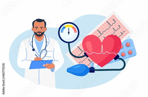 Hypertension, hypotension disease. Doctor writing results of cardiology checkup. Big heart with sphygmomanometer, cardiogram, medications. Cardiologist measuring patients high blood pressure.