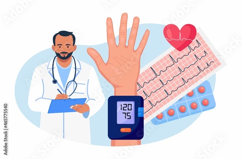 Hypertension or hypotension disease. Cardiologist measuring patients high blood pressure by sphygmomanometer. Doctor writing results of cardiology checkup, medical exam of cardiovascular system