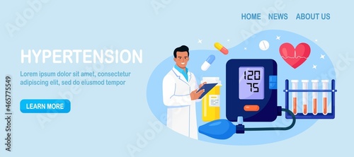Hypotension or hypertension disease. Doctor writing results of cardiology checkup, sphygmomanometer, blood test tubes on background. Cardiologist measuring patients blood pressure, pulse Vector design