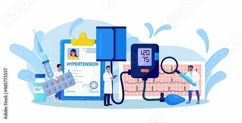 High blood pressure. Medical examination and cardiology checkup. Tiny doctors measuring patient blood pressure using sphygmomanometer. Hypotension and hypertension disease treatment, prevention. 