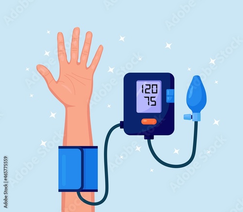 Man Checking Arterial Blood Pressure. Human Hand with Tonometer. Medical Equipment for Diagnose Hypertension, Heart Disease. Measuring, Monitoring Health. Vector design