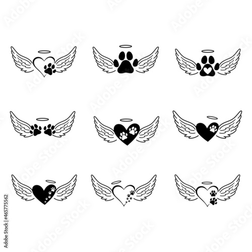 Hearts with the paws of dogs and cats. Paw with wings. Love dogs. Animal love symbol paw print with heart. Cat and Dog Memorial.
